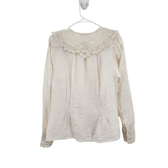 Outback Red Women's V-neck Lace Bib Button Front Linen Top Cottagecore - Picture 3 of 6